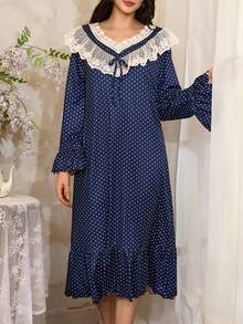 French Polka Dot Lace Contrast Ruffle Trim Women's Nightgown, Fall - Multicolor - View 3