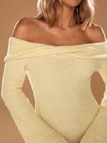 SHEIN BAE 1pc Women's Slim Pale Yellow Off Shoulder Solid Color Long Sleeve Elegant Knitted Dress,Autumn Winter Fall Sweaters Clothes,Dinner Date Dress - Yellow - View 1