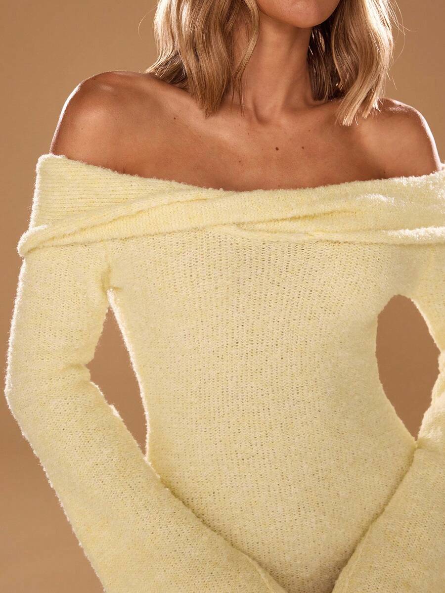 SHEIN BAE 1pc Women's Slim Pale Yellow Off Shoulder Solid Color Long Sleeve Elegant Knitted Dress,Autumn Winter Fall Sweaters Clothes,Dinner Date Dress - Yellow - View 1