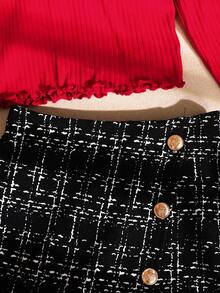 SHEIN Tween Girl 优雅红色修身圆领长袖罗纹针织金属金色套头 T 恤和黑白格子 A 字迷你裙套装，适合圣诞节、万圣节、休闲装、圣诞红、秋季装 - 紅色 - 查看 4