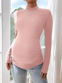 SHEIN Maglietta a maniche lunghe con colletto alla coreana, tinta unita, casual, per gravidanza, autunno/inverno