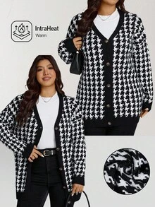 Comfylo Plus Size Casual Houndstooth Pattern Cardigan, Suitable For Work And Leisure, Autumn/Winter Button Up Cardigan Black And White Cardigan, Fall Winter Going Out