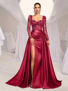 SHEIN Belle 优雅奢华的安哥拉彩色亮片和串珠缎面低胸透明长袖美人鱼高开衩超大荷叶边晚礼服 - 酒紅色 - 查看 5