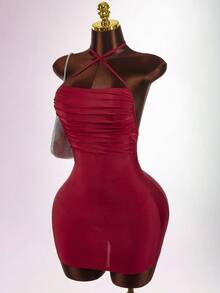 Amplova Y2K Amplova Women's Sexy Minimalist Solid Color Backless Ruched Bodycon Halter Neck Dress, Summer Slay Diva Dress Red Club Outfit Bodycon Dress Night Club Dress,Dresses For Women Party