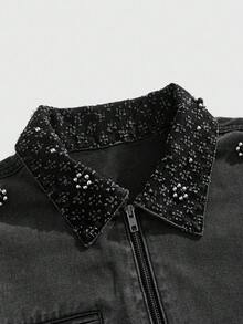 ROMWE MEN Street Life 男士宽松珍珠装饰牛仔夹克 - 深灰色 - 查看 2