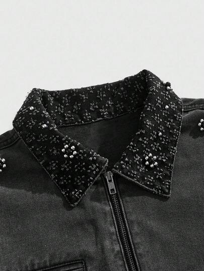 Street Life Men's Loose Fit Denim Jacket With Pearl Decor