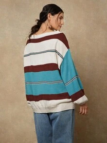 SHEIN VCAY Plus Size Women Boat Neck Striped Drop Shoulder Long Sleeve Casual Loose Knit Sweater, Autumn/Winter