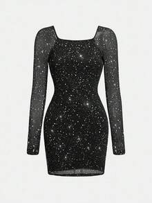 Teen Girls 2024 Fall & Winter Party Sequined Long Sleeve Dress - Black - View 5