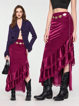 EDITION Jupe asymétrique à volants en velours avec queue de poisson pour femmes