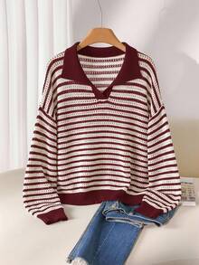 CosyJoli Plus Size Casual Polo Collar Striped Long Sleeve Pullover Sweater Collared Sweater Striped Pullover Sweater Fall Striped Sweater Striped Sweater Women Striped Sweater/ Winter - Burgundy - View 1