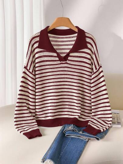 CosyJoli Plus Size Casual Polo Collar Striped Long Sleeve Pullover Sweater Collared Sweater Striped Pullover Sweater Fall Striped Sweater Striped Sweater Women Striped Sweater/ Winter