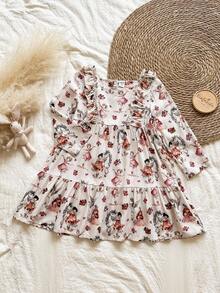 Vintaside Kids Young Girls' Floral Print Ruffle Hem Long Sleeve Dress, Suitable For Casual, School, Park, Outdoor Photography, Vacation Fall Winter - Multicolor - View 1
