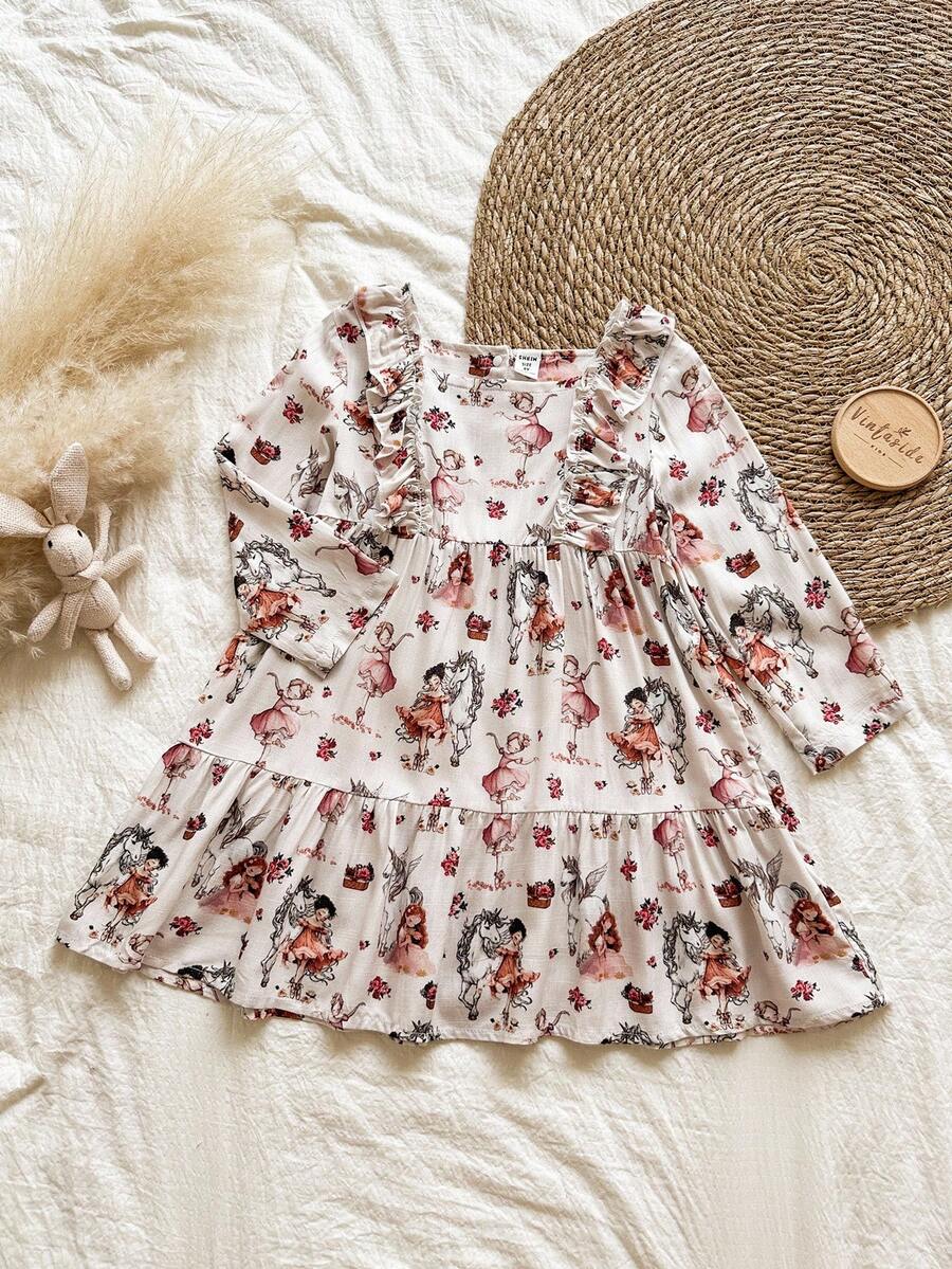 Vintaside Kids Young Girls' Floral Print Ruffle Hem Long Sleeve Dress, Suitable For Casual, School, Park, Outdoor Photography, Vacation Fall Winter - Multicolor - View 1