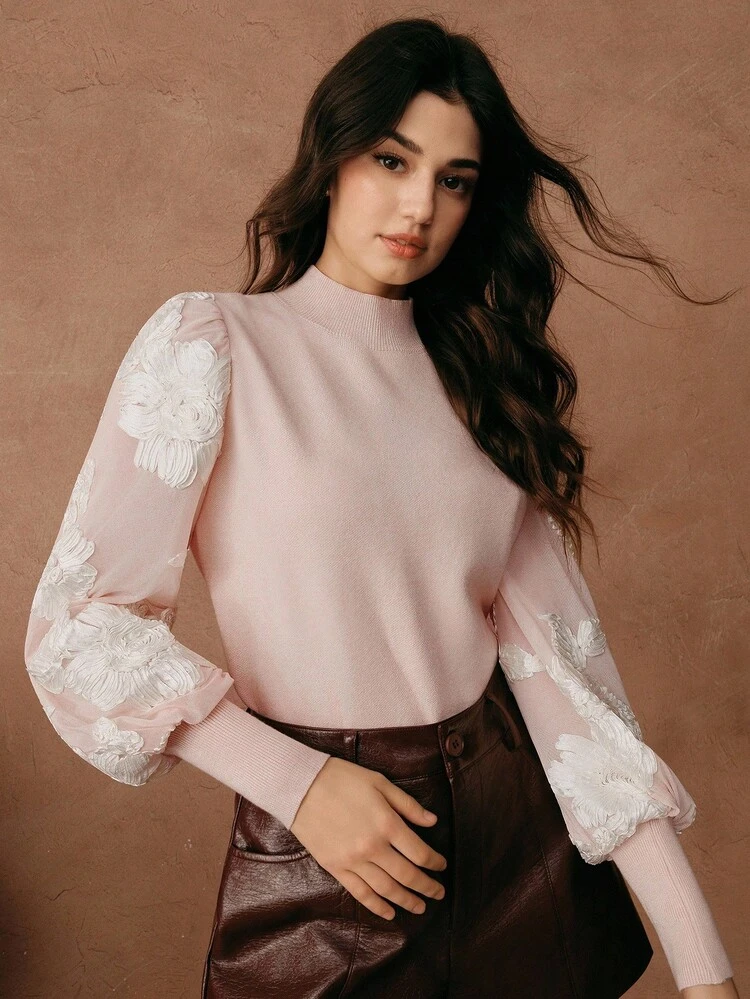 女性用エレガントなスタンドカラー ランタンスリーブ テクスチャー フローラル メッシュ スプライス 長袖ニットTシャツ