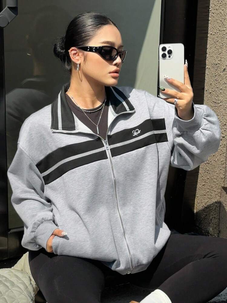 Dazy Plus Contrast Color Patchwork Striped Heart Embroidery Loose Cardigan Sporty Casual Plus Size Women Jacket Fall/Winter Women Coats