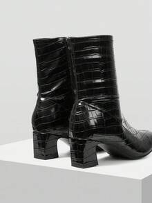 Mnmlis 女士时尚方头粗跟踝靴和中筒靴 - 黑色 - 查看 4