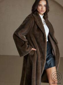 Aveloria Rosie 女式高端人造毛皮领中长款 A 字袖人造毛皮大衣，法式复古奢华风格 - 棕色 - 查看 1