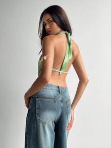 Aloruh 女士性感优雅交叉低胸镂空扎染印花露背吊带上衣 - 綠色 - 查看 3