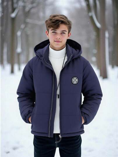 Teens' Casual Versatile Hooded Zip-Up Solid Color Quilted Padded Warm Puffer Jacket, Autumn/Winter Fall