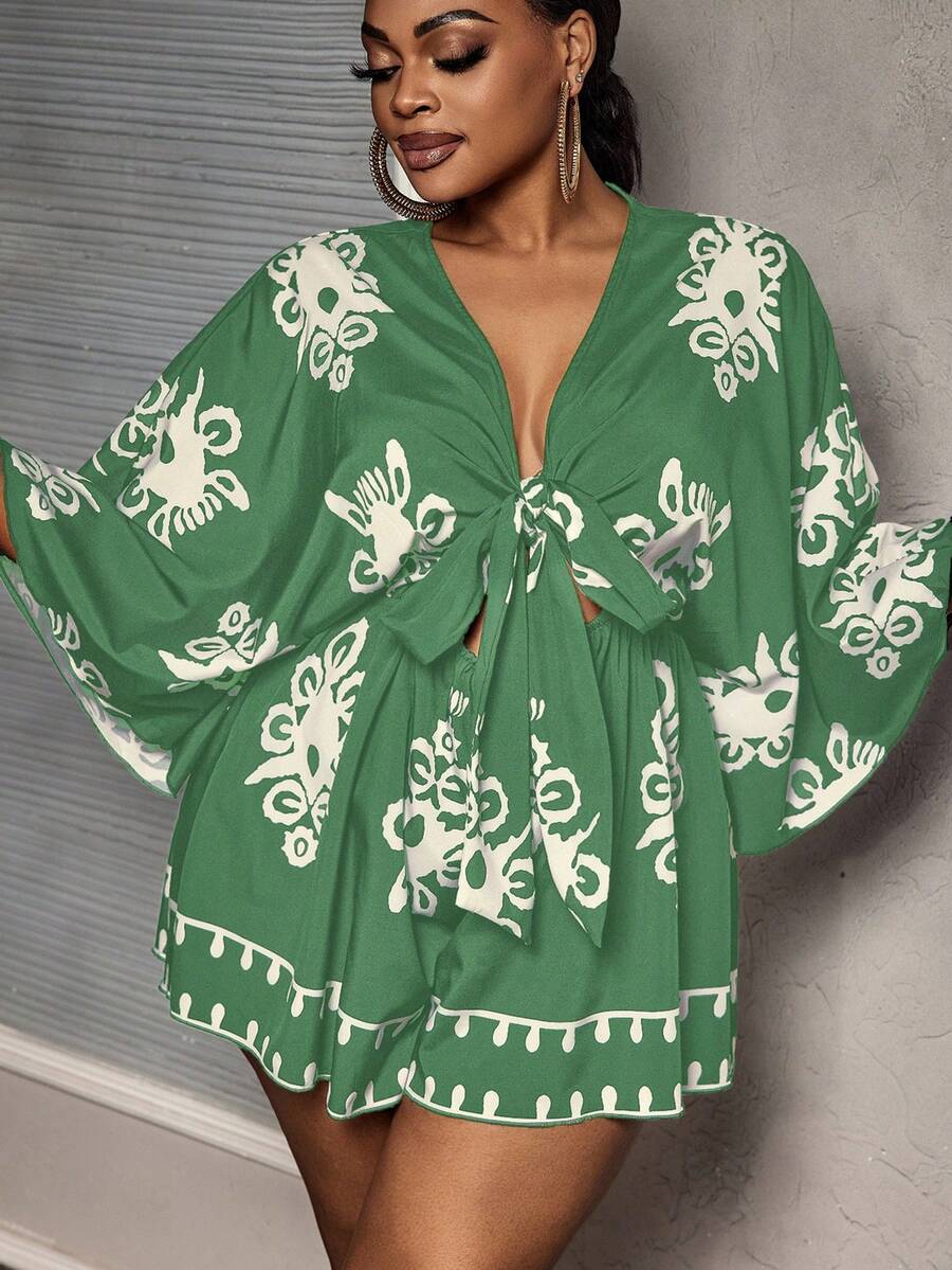 Slaydiva 女式加大码V领系腰宽松复古印花连体衣 - 綠色 - 查看 1
