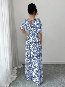 Elenzga Prendas de vestir de estilo de vacaciones, monos con cuello en V, manga abultada, cintura elástica y pierna ancha con falda incorporada