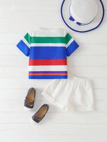 Joliand Joliand 2pcs Young Girl Elegant City Academic Colorful Striped Round Neck Short Sleeve T-Shirt And White Shorts Set,Summer Back To School Party Daily Wear - Multicolor - View 4