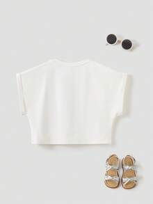 Joliand Joliand 1pc Tween Girls Elegant Urban Cute Floral & Text Graphic Short Sleeve Casual T-Shirt, Suitable For Casual Everyday, Outings, Gatherings, Parties And Summers - White - View 6