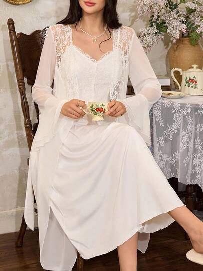 Côtesoire 法式优雅蕾丝女士睡衣套装，秋冬服装