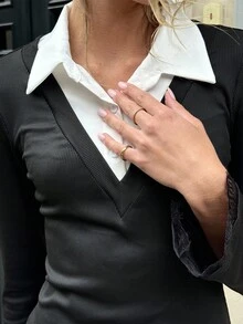 Pariaura 女式秋季性感紧身黑白蕾丝花边腰部收紧长袖迷你连衣裙 - 黑與白 - 查看 6