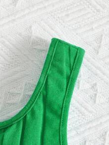 SHEIN Teen Girl Solid Rib-Knit Lettuce Trim Tank Top & Shorts Set - Green - View 4