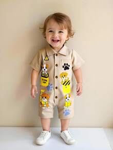 SHEIN Baby Boys' Cute Dog Pattern Printed Short Sleeve Playsuit With Shorts, Spring/Summer - Khaki - View 1