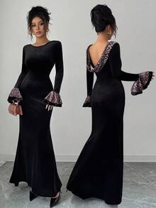 Elenzga Vestido elegante y romántico para mujer con cuello redondo, puños con volantes y estampado de leopardo en patchwork