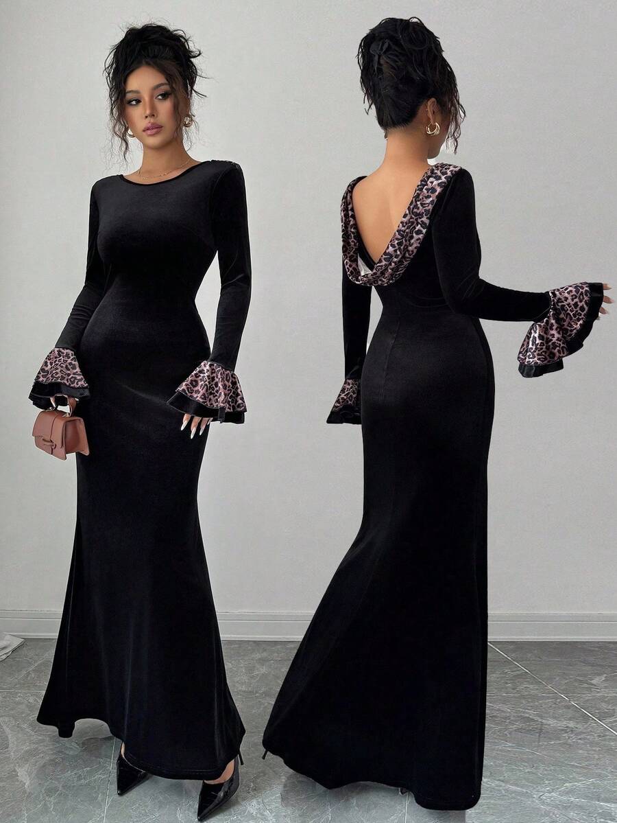 Elenzga Vestido elegante y romántico para mujer con cuello redondo, puños con volantes y estampado de leopardo en patchwork