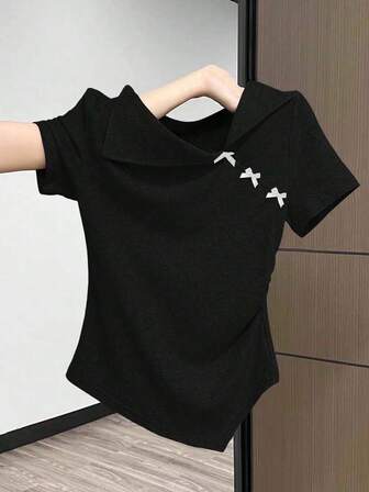 SHEIN LUNE 大码女式休闲不对称蝴蝶结装饰T恤，夏季优雅外出蝴蝶结翻领短袖修身不对称下摆经典优雅女式T恤