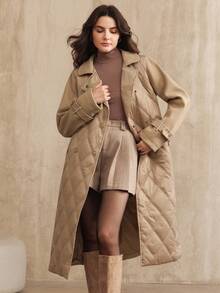 Anewsta Women's Belted Patchwork Mid-Length Padded Coat, Suitable For Autumn, Fall, Winter, Going Out, Elegant, Formal, Party, Chic, New Year, Christmas, Work, Graduation, Wedding