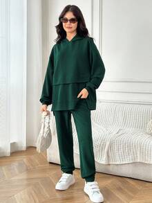 2pcs/Set Teen Girl Casual Loose Comfortable Hoodie And Pants Set, Versatile And Minimalist - Green - View 5