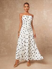 Lumalex 早春复古黑白波点褶皱紧身胸衣连衣裙，适合女士，奢华舞会、聚会、宴会、低调奢华、闪耀夺目的节日派对、锐舞派对、音乐节、郊游、度假、户外、婚礼季、宴会、圣诞节、新年等场合，层次丰富，是派对、晚宴、晚会、派对的理想之选。早春波点连衣裙，女士无肩带长款波点连衣裙，夏季白色波点长裙。 - 白色 - 查看 6