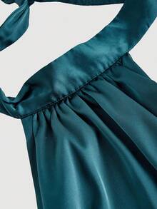 SHEIN MOD Olive Green Stand Collar Tie-Up Bow Backless Halter Top - Dark Green - View 3