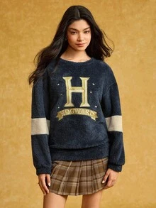 HARRY POTTER X SHEIN 女式字母刺绣拼色圆领长袖运动衫 - 藏蓝色 - 查看 3