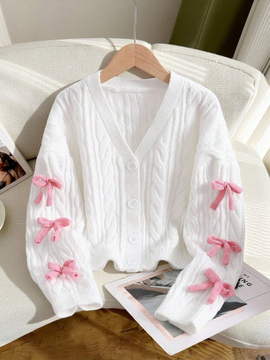 SHEIN Tween Girls' Casual V-Neck Long Sleeve Cardigan Top,In Fall/Winter - White - View 1