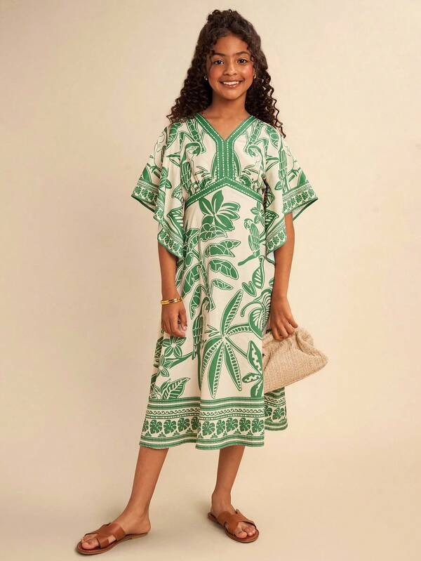 SHEIN Vestido de manga corta con estampado floral elegante y casual para niñas preadolescentes de vacaciones