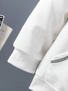 SHEIN Áo nỉ có mũ, phối sọc tương phản, túi, phong cách thường ngày cho bé trai tuổi teen, thích hợp cho mùa thu/đông. - trắng - Xem 5