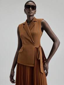 Ontre 2025 Elegant Green Dress, Suit Fabric Patchwork Chiffon, Fitted Waist, Flared Skirt, Chiffon Pleats, Sleeveless Blazer, Business Casual, Office Wear, Daily Outfit, Autumn