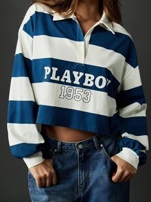 Missguided x Playboy Vintage Inspired Oversized Rugby Polo Crop Top With Striped Pattern Retro 1953 Print Collegiate Style Collared Long Sleeve Casual Fall Winter Top - Blue and White - View 4