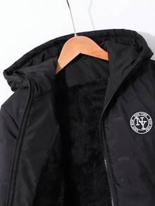 1pc Boys' Padded Hooded Jacket With Embroidered Logo Fall Winter