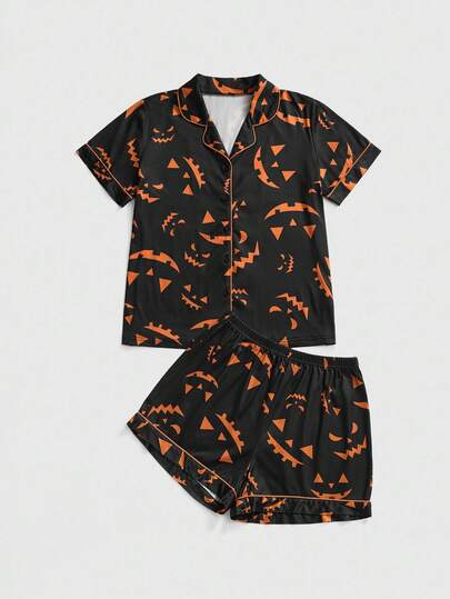 Gothic Pumpkin Smiling Face All-Over Print Short Sleeve & Shorts Pajama Set