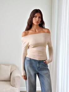 SHEIN Tall 女式纯色露肩褶饰时尚修身毛衣 - 黃色 - 查看 10