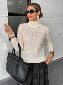Chiquease 女士休闲纯色高领菱形针织长袖毛衣，秋冬 - 白色 - 查看 6