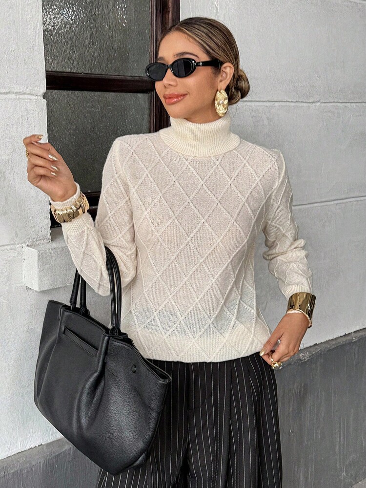 Chiquease 女士休闲纯色高领菱形针织长袖毛衣，秋冬 - 白色 - 查看 6