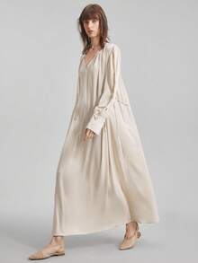 Ontre 2025 新款优雅开叉连衣裙，女士长袖圆领褶皱领口系带袖口连衣裙，A 字形喇叭下摆，缎面面料，杏色，宽松版型，休闲日常/商务通勤装